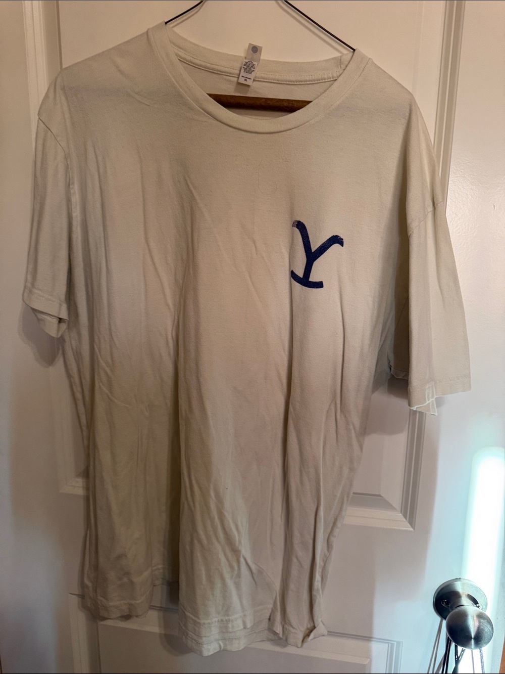 Men's Cream Short-Sleeve Tee with Navy Chest Accent